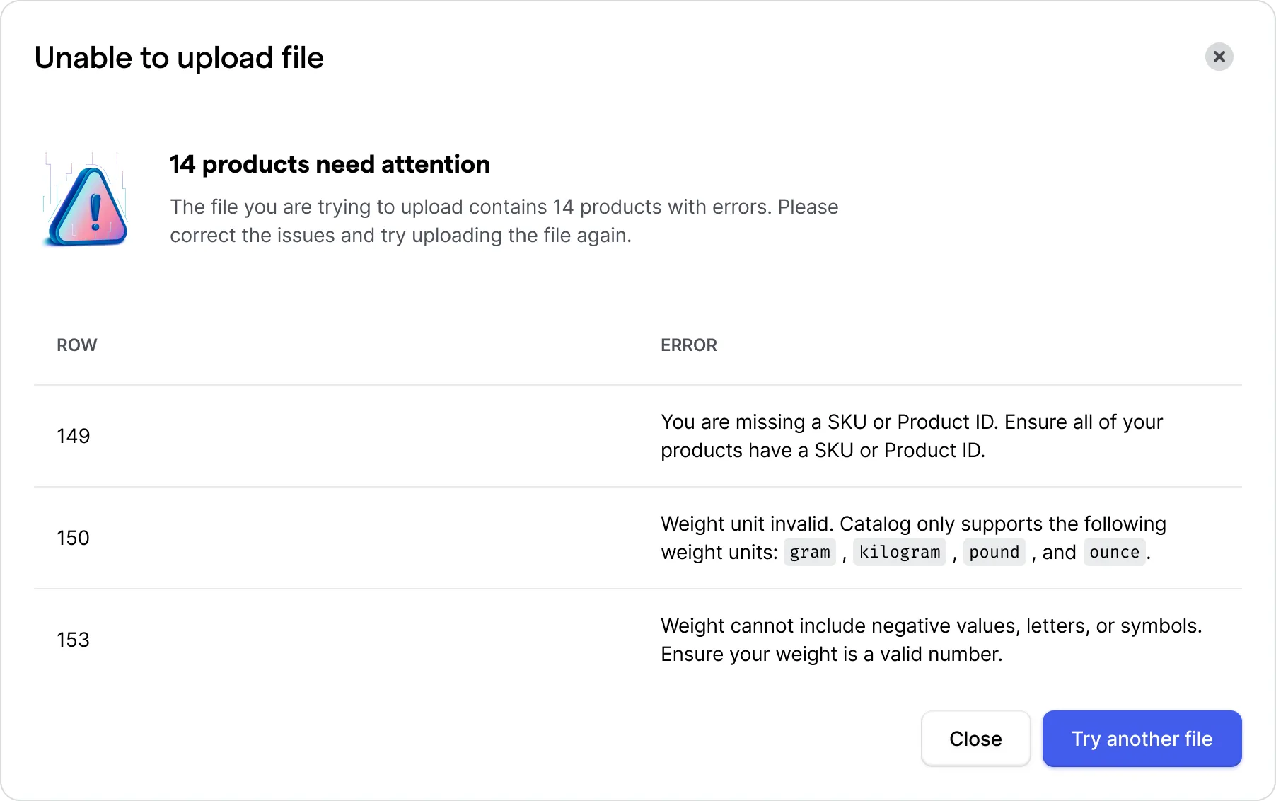 Erreurs de ligne CSV du catalogue