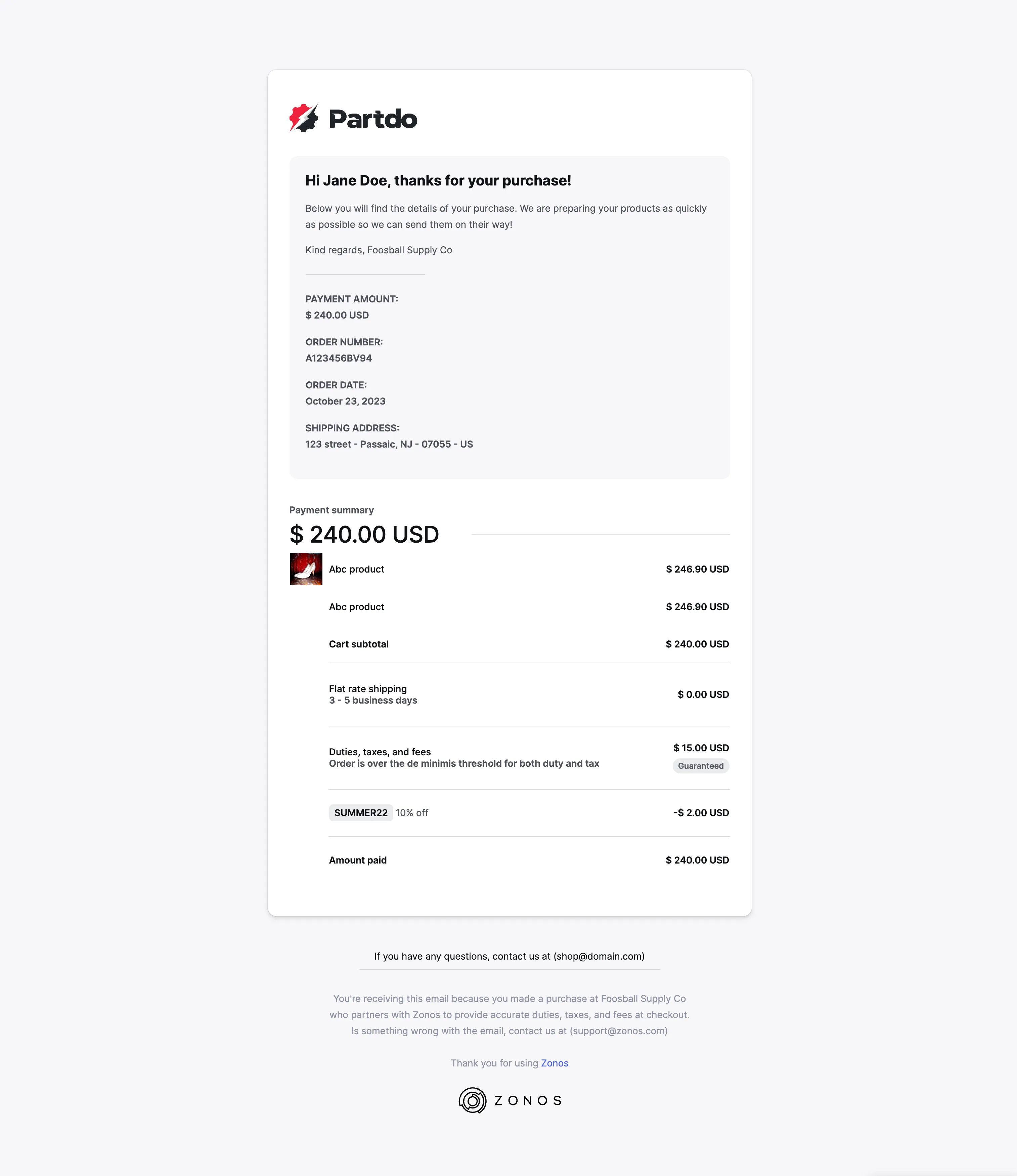 Aperçu de l'e-mail de reçu de commande Zonos