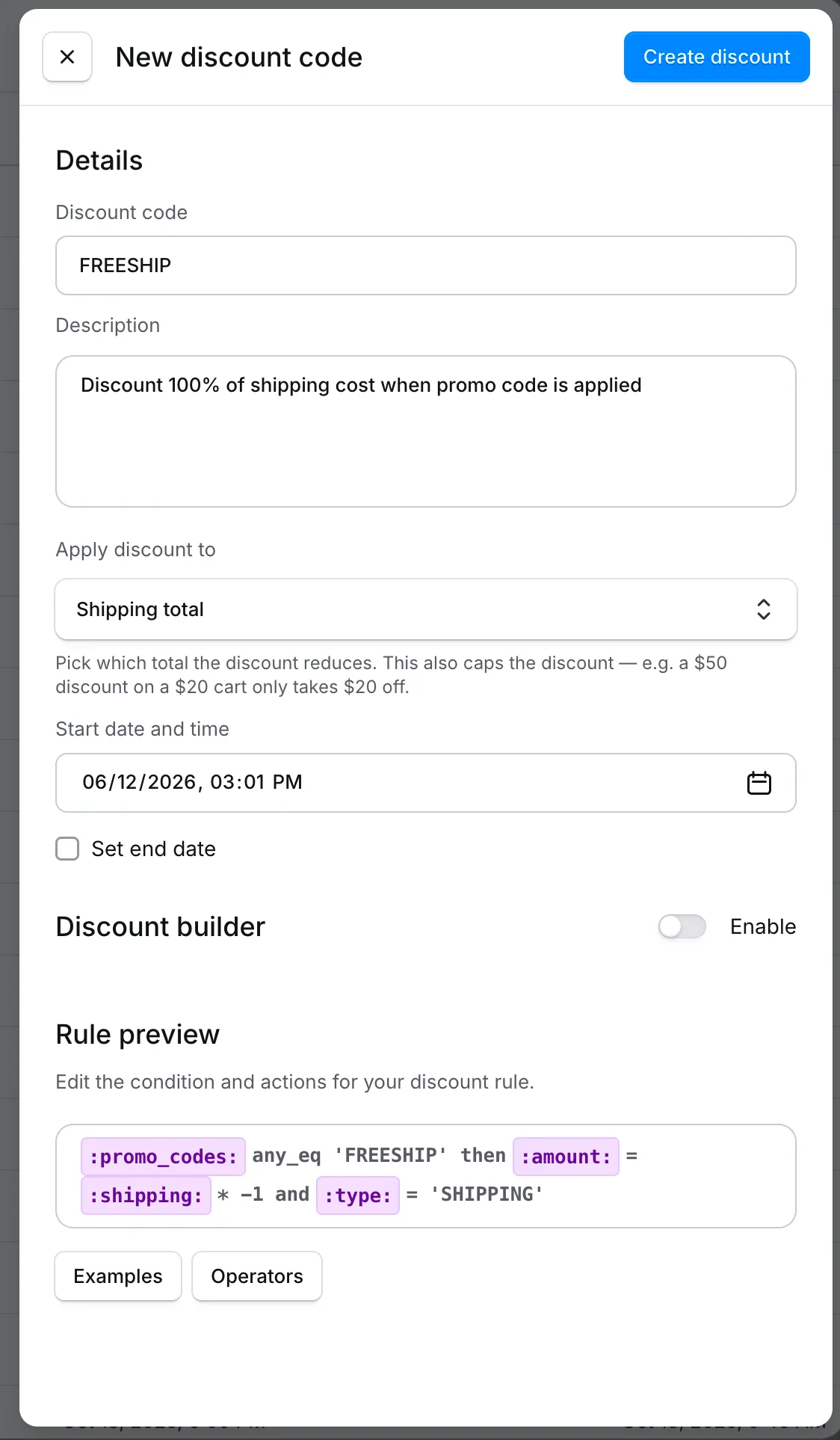 Section Discount builder avec l'interrupteur Enable désactivé, masquant les champs du générateur et laissant l'aperçu de la règle modifiable.