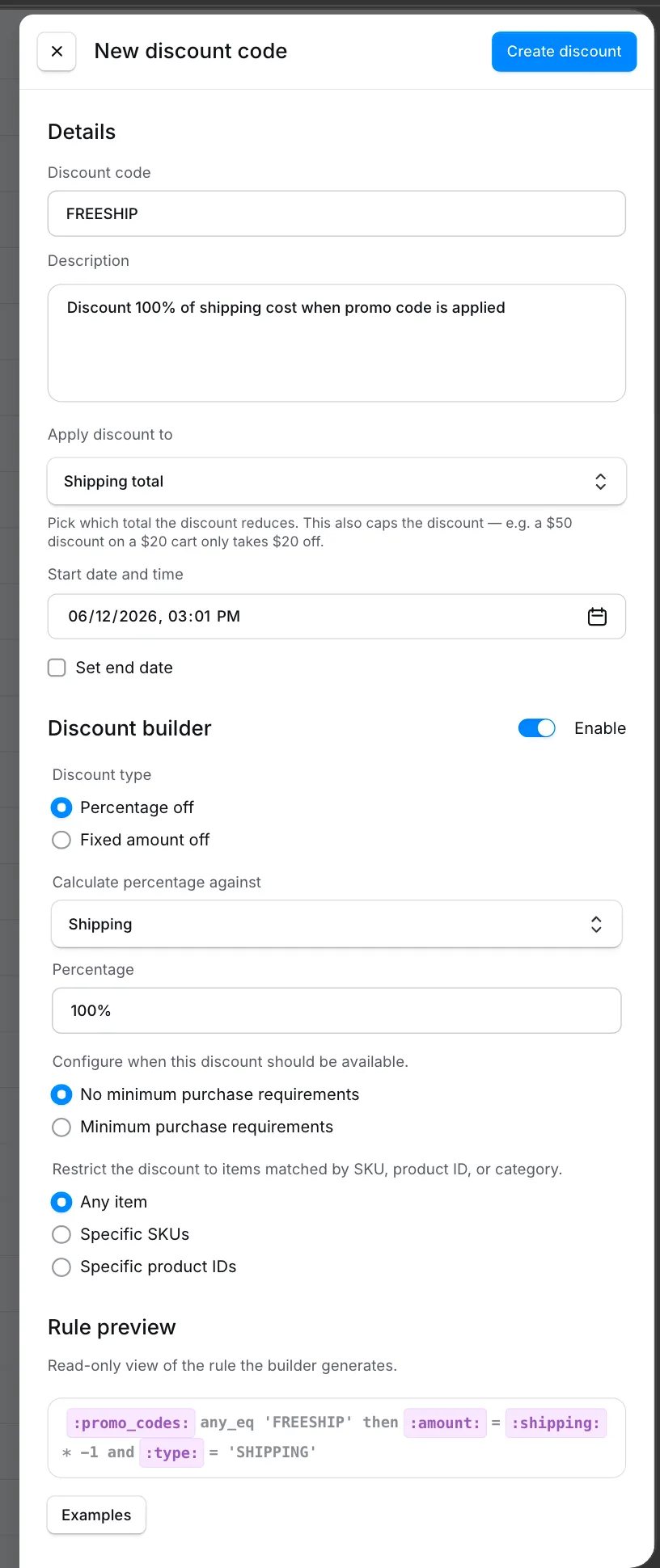 Panneau latéral Edit discount montrant Details, la section Discount builder avec son interrupteur Enable, et l'aperçu de la règle.