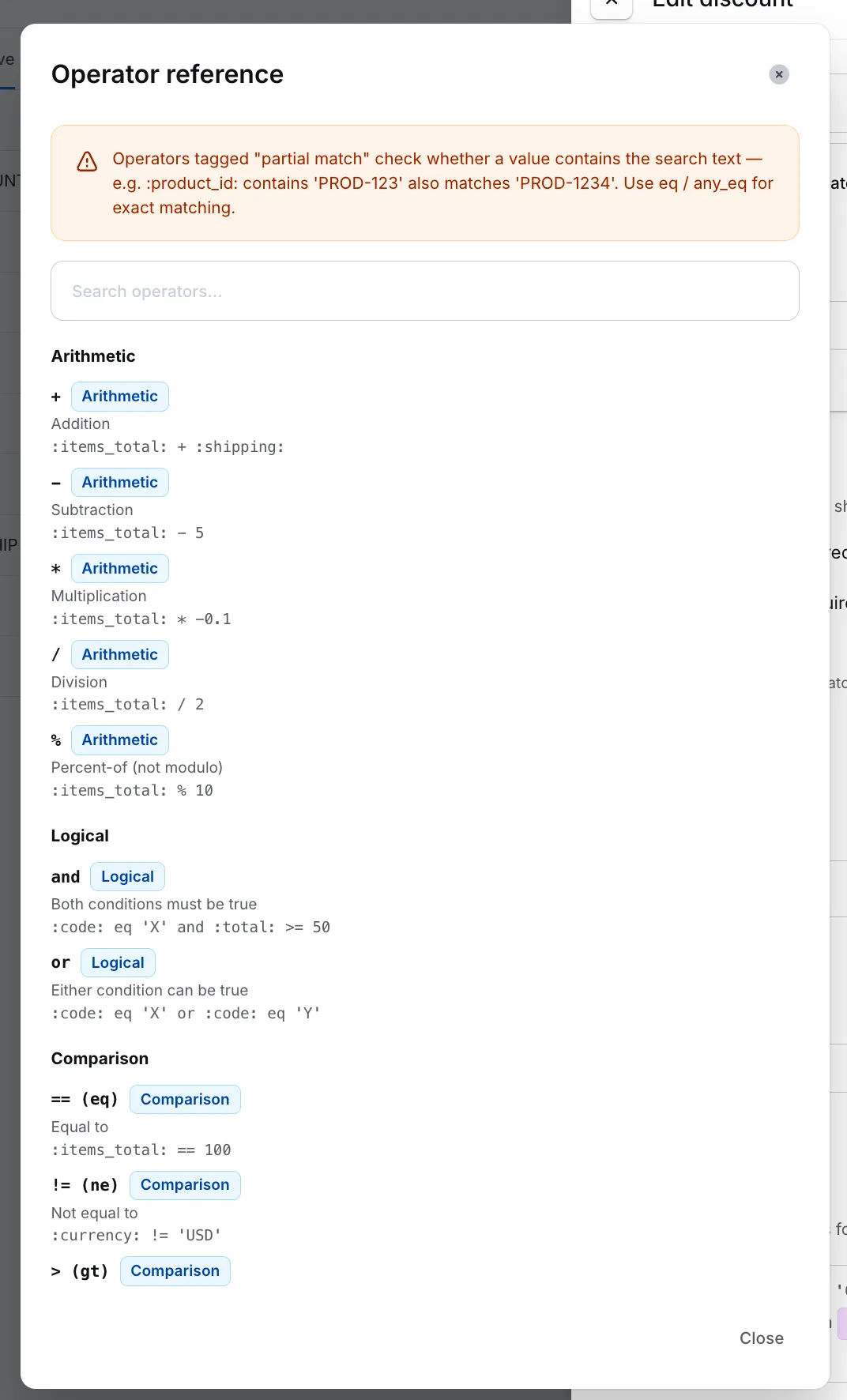 Boîte de dialogue de référence des opérateurs montrant les opérateurs arithmétiques, logiques et de comparaison avec des exemples d'utilisation.