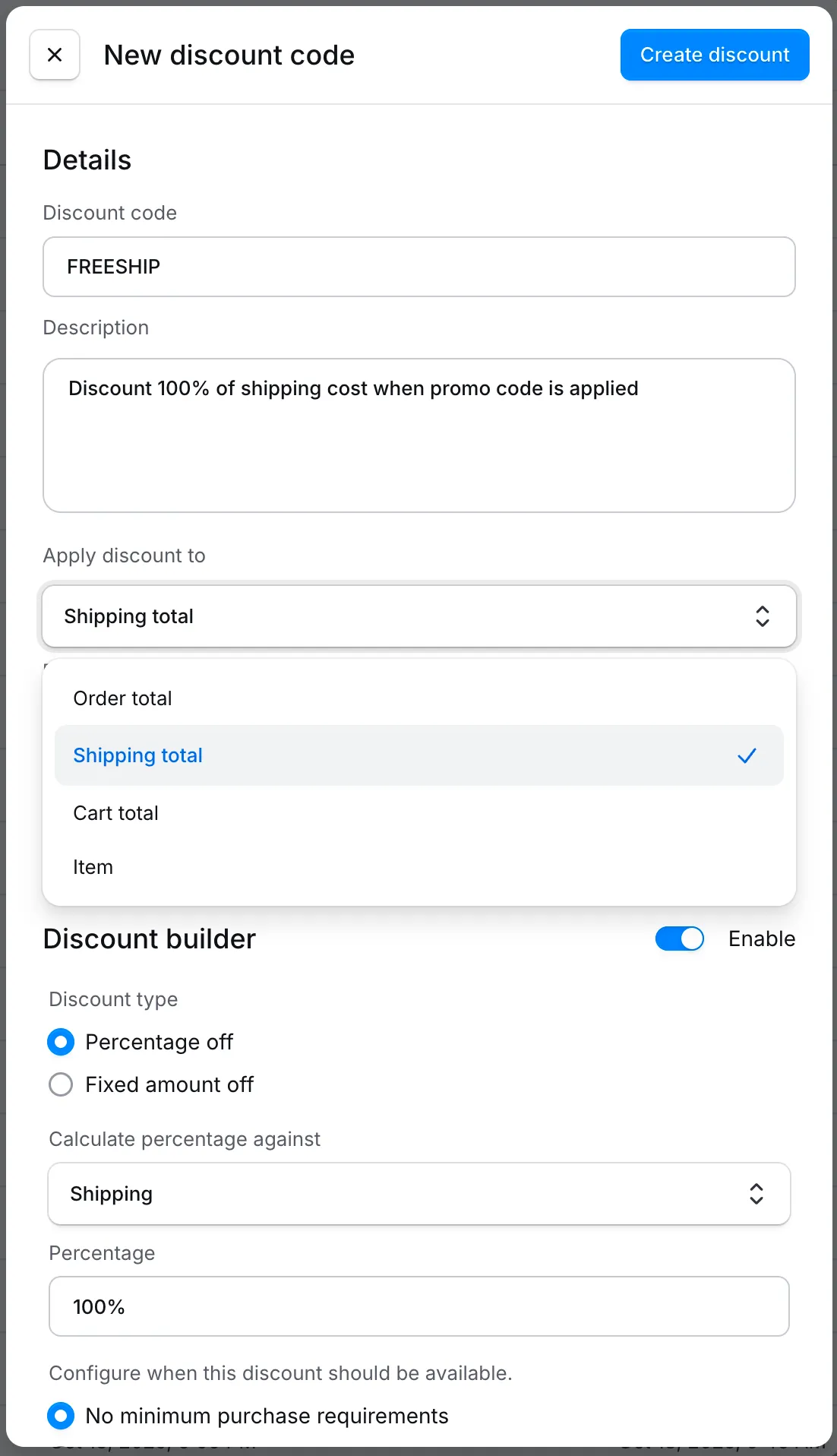 Liste déroulante Apply discount to montrant les options Order total, Shipping total, Cart total et Item.