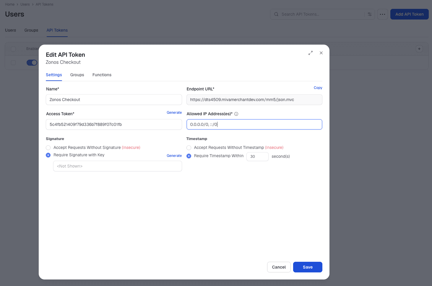 Écran Create API Token dans l'administration Miva