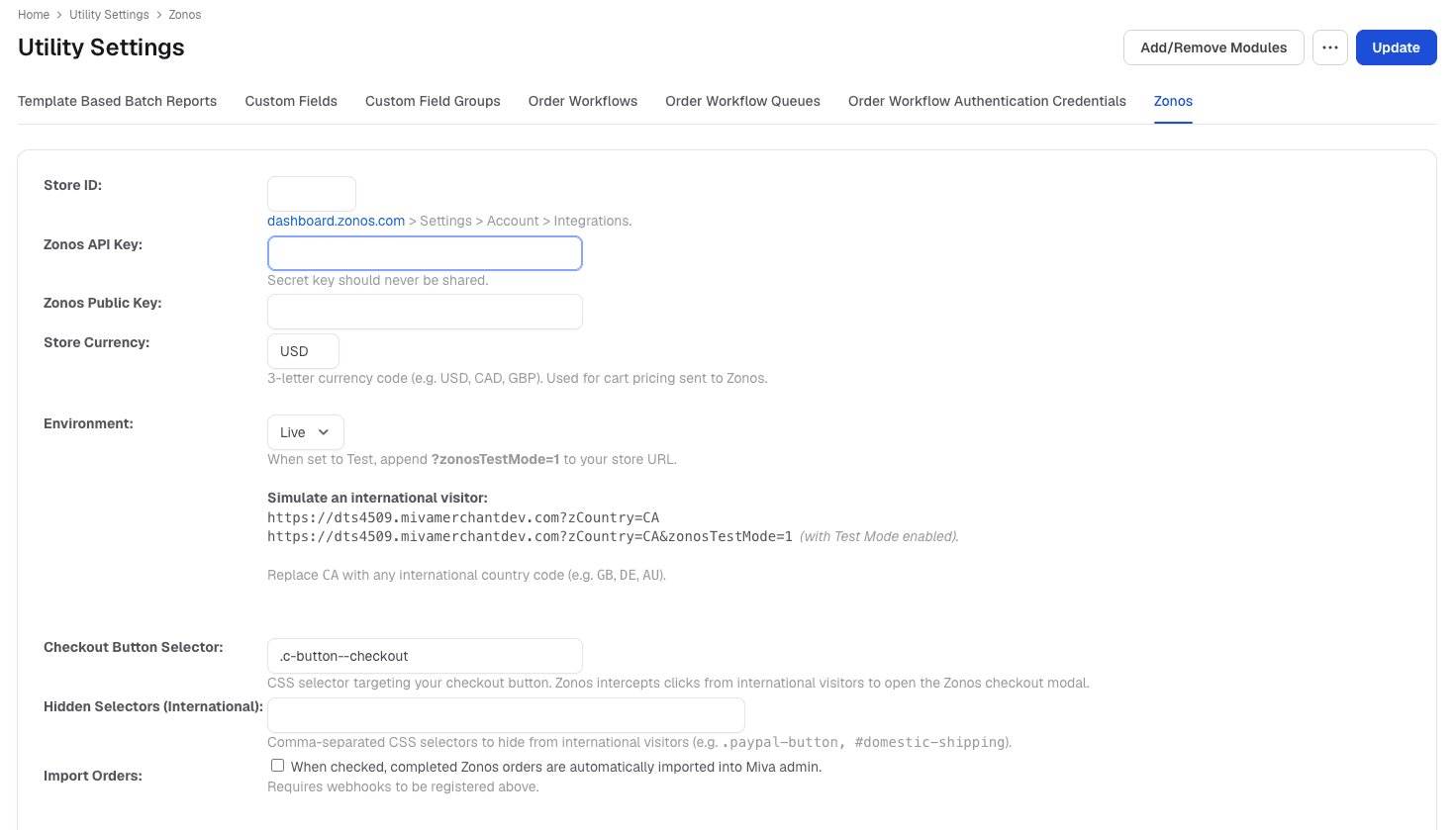 Page des paramètres Zonos sous Miva Utility Settings