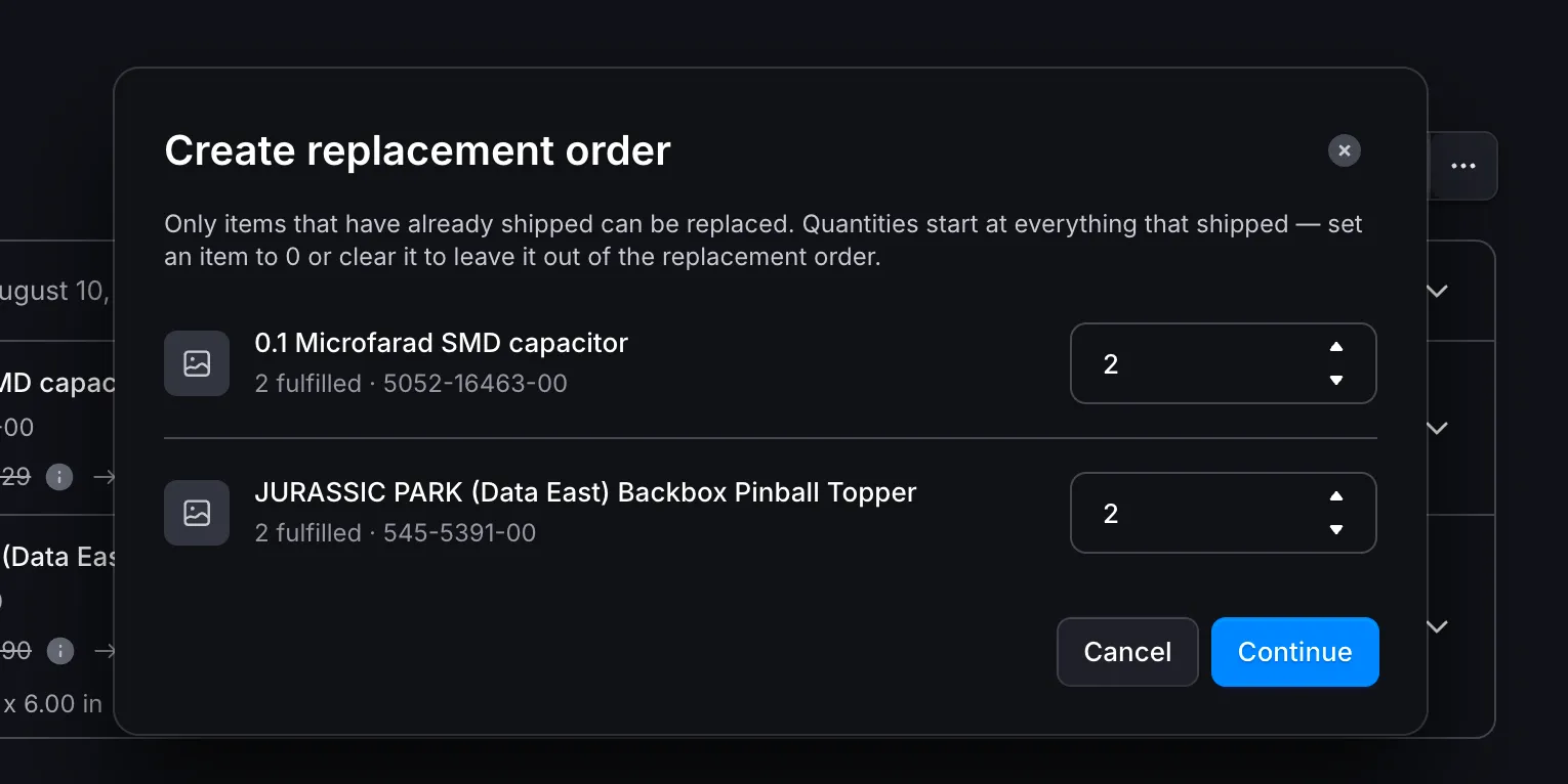 La boîte de dialogue Create replacement order listant les articles exécutés avec une quantité
pour chacun