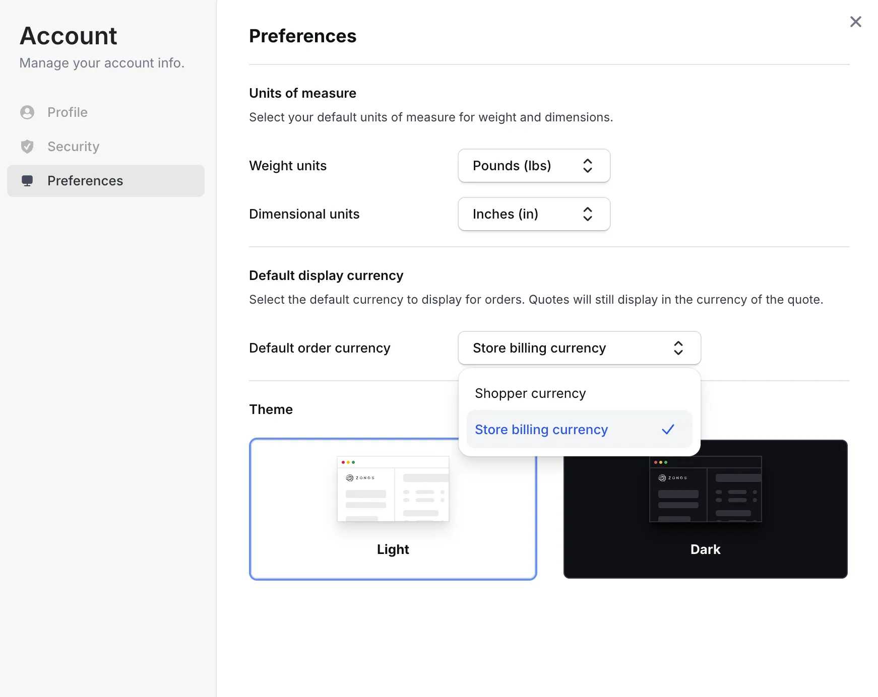 Préférences de compte pour définir la devise par défaut pour les pages de commande