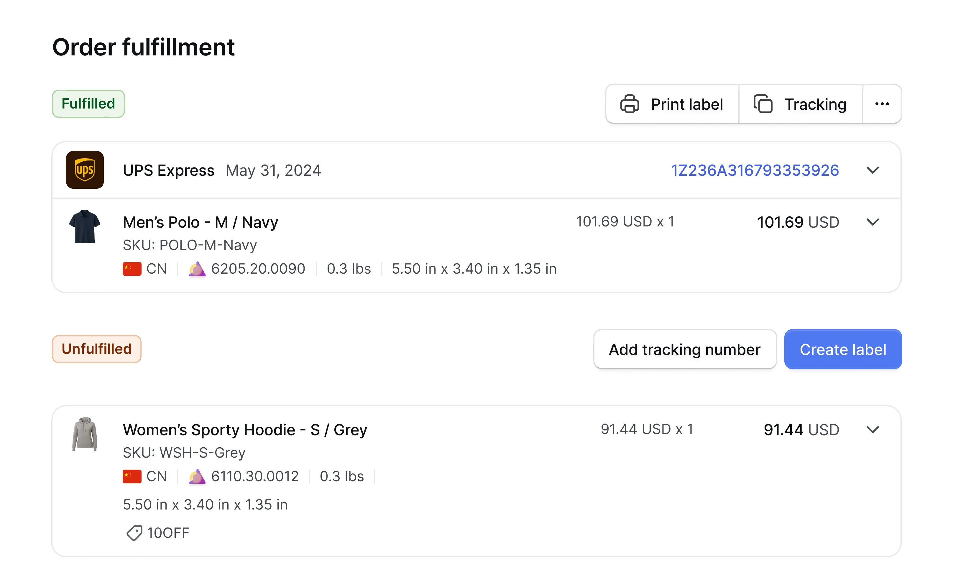 Interface d'exécution de commande montrant les détails de l'expédition