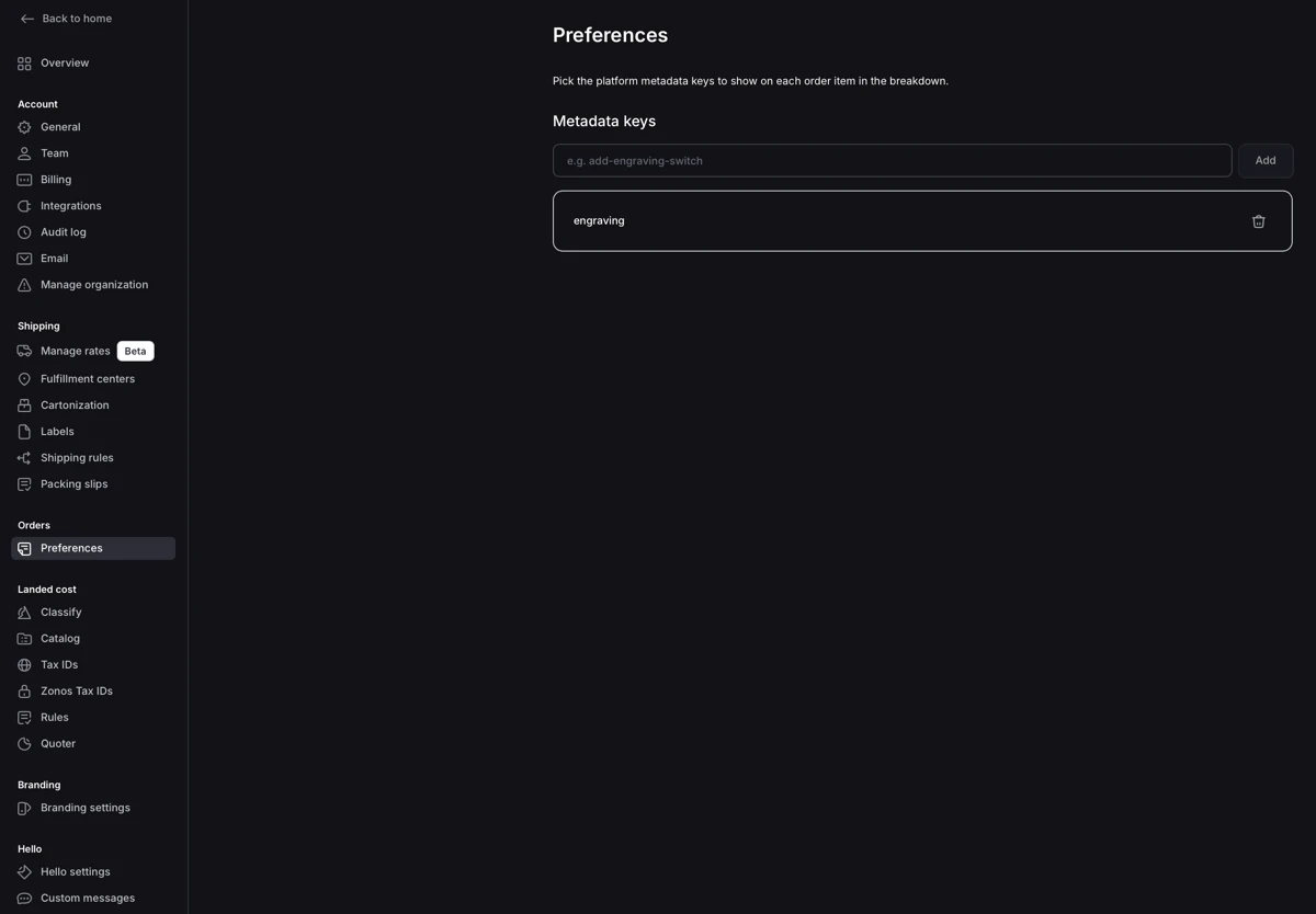 Page des préférences de commande affichant la saisie d'une clé de métadonnées et une clé enregistrée