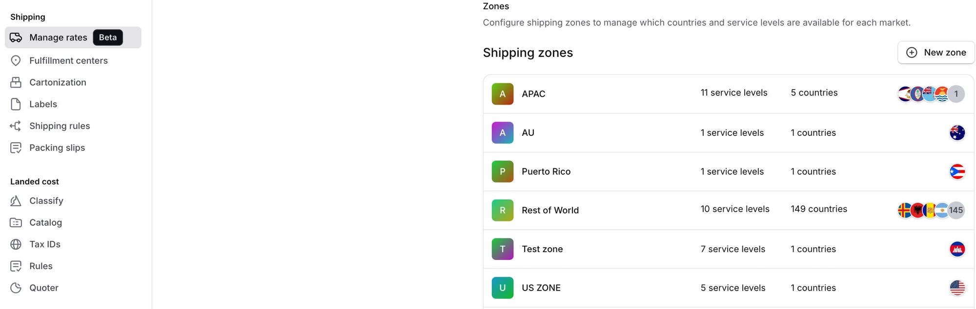 Zones d'expédition sur la page Manage rates