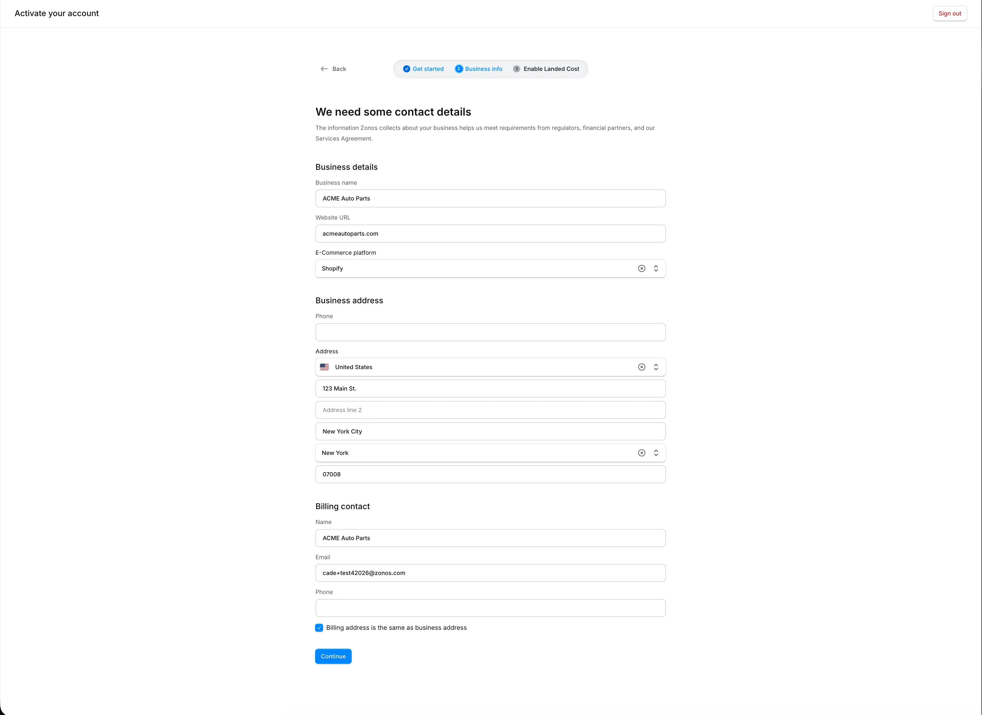 Étape de l'assistant avec les détails de l'entreprise, l'adresse et le contact de facturation