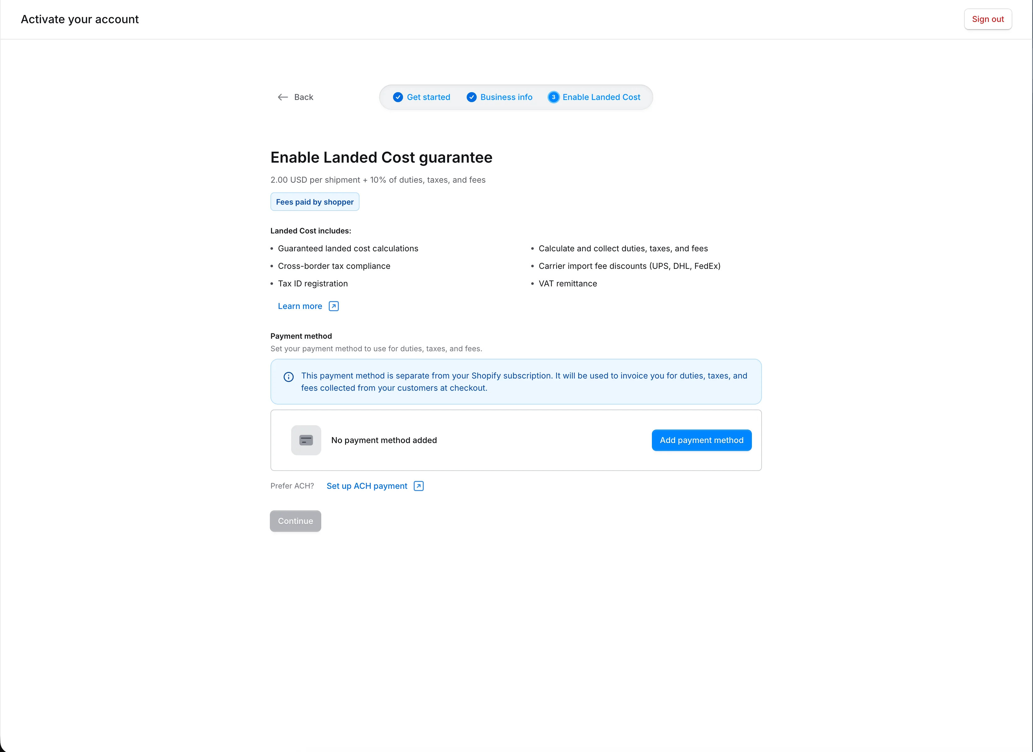 Étape de l'assistant pour activer Landed Cost et ajouter un mode de paiement