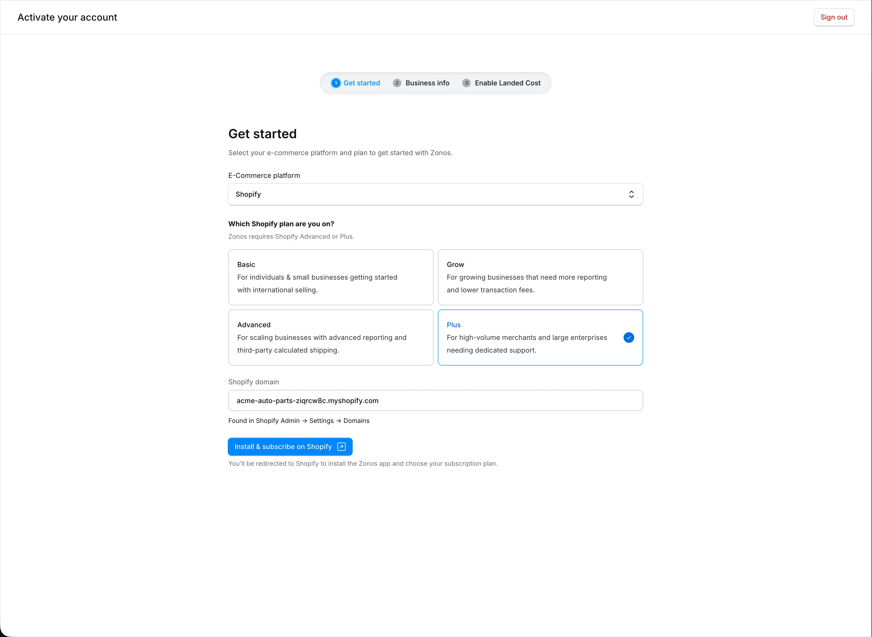 Étape de l'assistant affichant le sélecteur de plan Shopify et le champ de domaine