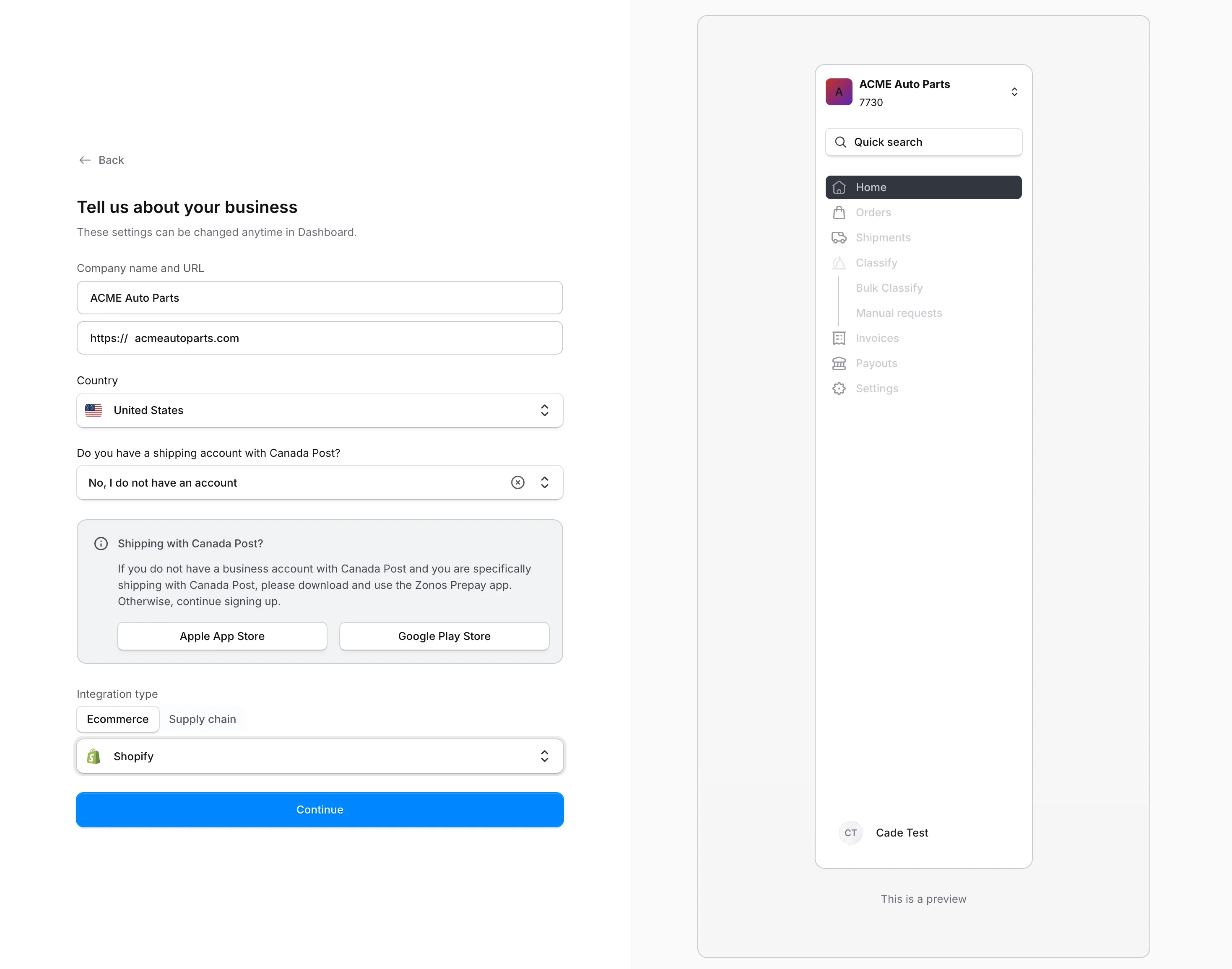 Inscription au compte Zonos avec Shopify sélectionné comme plateforme