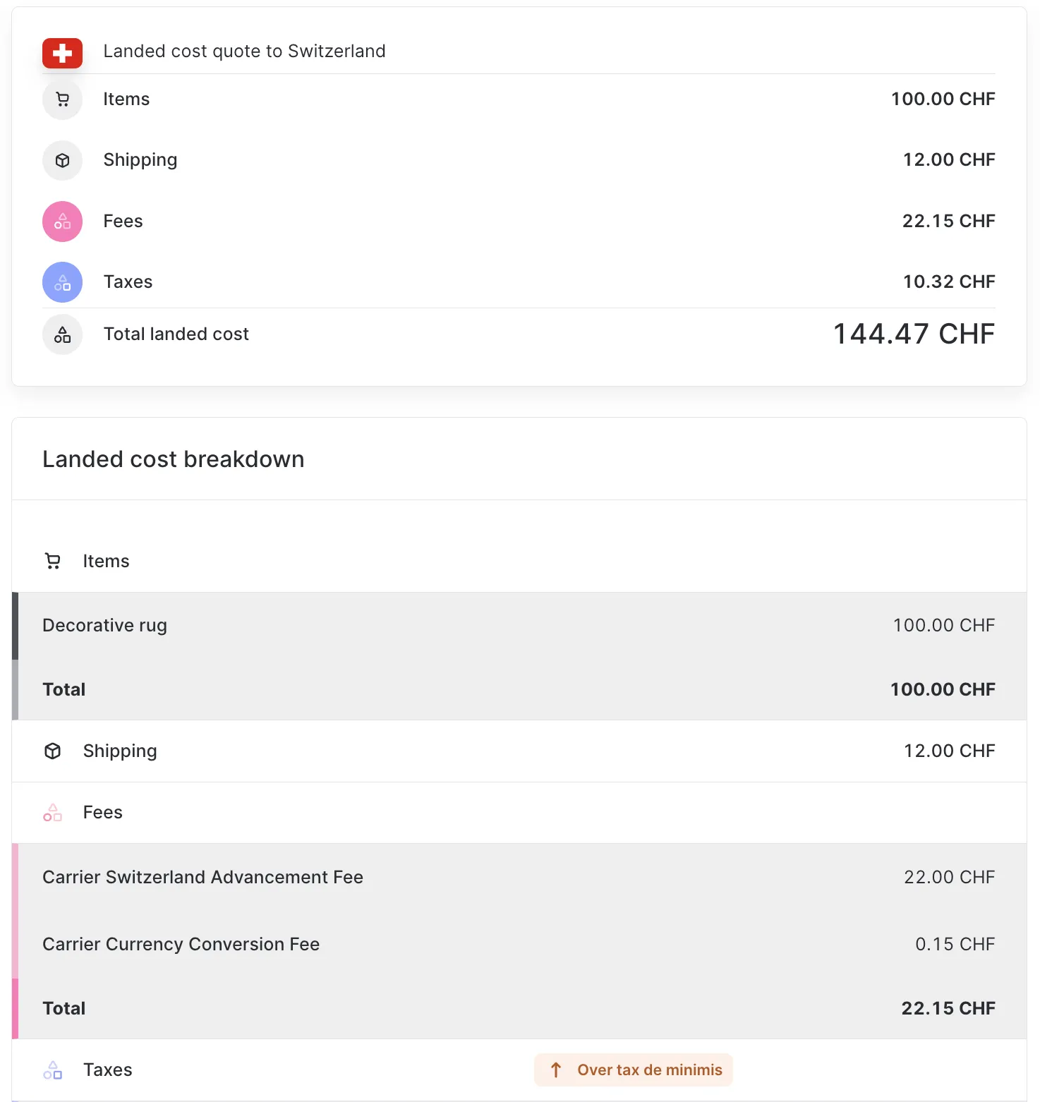 Devis landed cost pour la Suisse au-dessus de la minimis