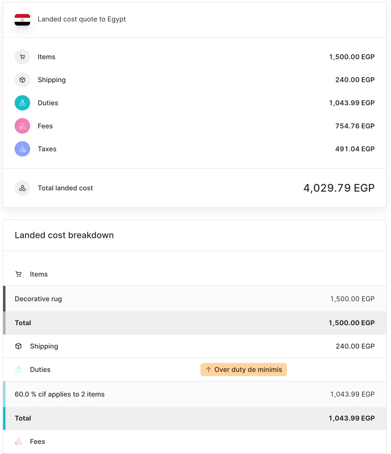 Exemple landed cost devis pour un envoi vers l'Égypte