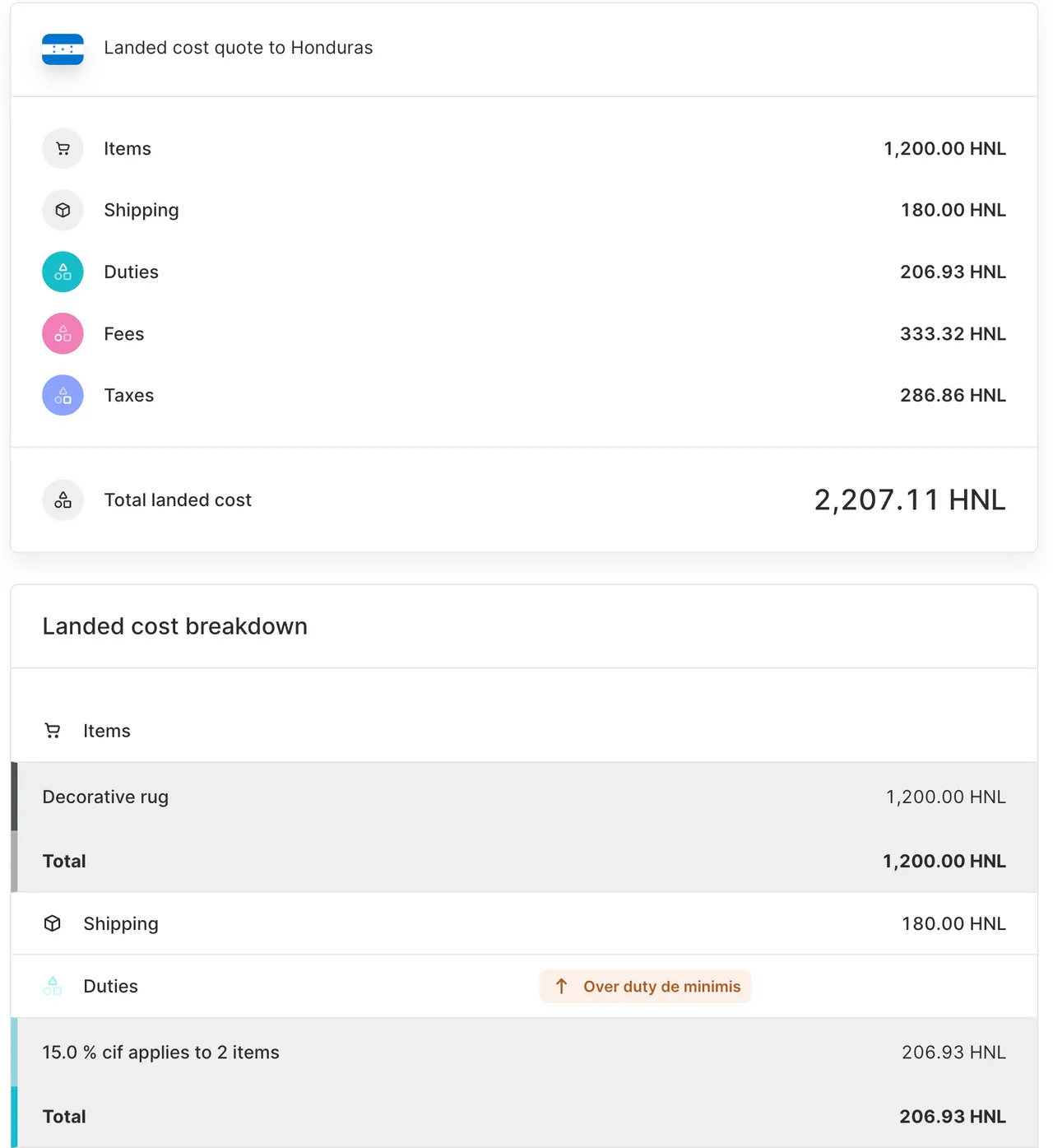 Devis landed cost Honduras au-dessus du seuil de
minimis
