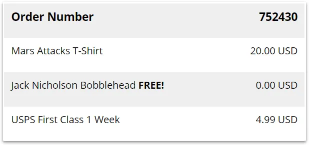 Exemple d'un article gratuit ajouté à une commande d'une poupée à ressort.